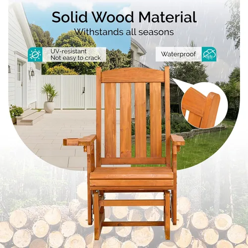 Miniatura 4 de VINGLI Planeador de madera para patio, resistente de 600 libras para exteriores con portavasos, banco de madera individual con respaldo alto
