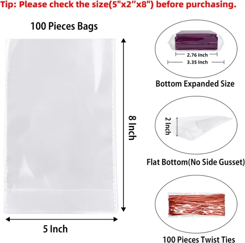 Miniatura 2 de Morepack Bolsas de fondo plano de celofán, 100 piezas de 5x2x8 pulgadas Bolsas de celofán transparentes para galletas (sin refuerzo lateral)