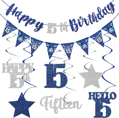 Miniatura 16 de Decoración de cumpleaños número 18 azul y plateado para niños y niñas, pancarta de feliz cumpleaños 18 con estrellas de dieciocho años de edad