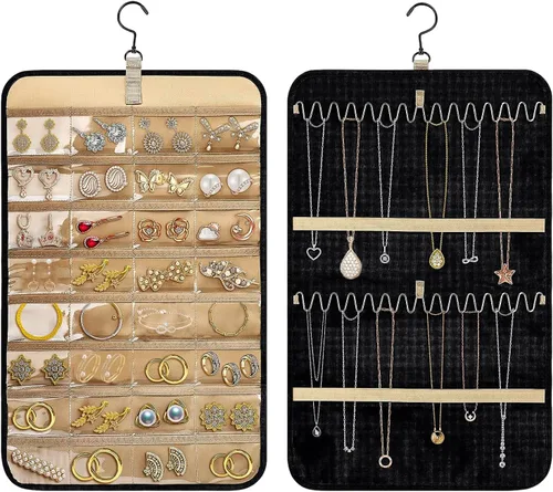 Miniatura 9 de Tefola Organizador de joyas colgante, organizador de collares de doble cara, organizador de joyas para aretes, collares, anillos, lentes