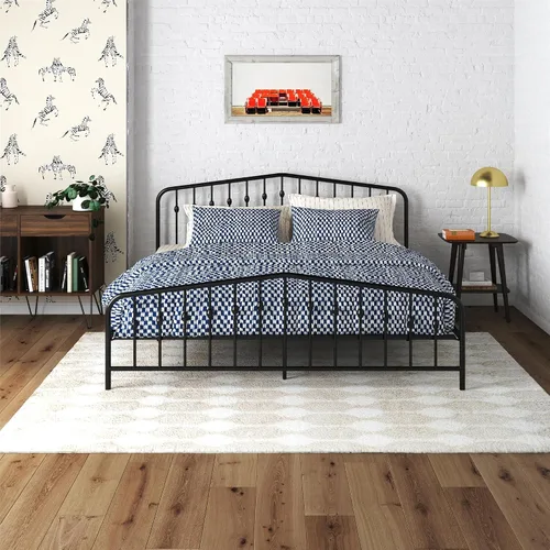Miniatura 3 de Novogratz Bushwick - Marco de cama Queen de metal con cabecera ligeramente triangular, husillos insertados, base ajustable para almacenamiento,