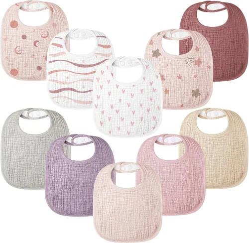 Miniatura 10 de Paquete de 10 baberos para bebés de muselina de algodón 100%, baberos para babeo para bebés unisex, niños pequeños, infantes, recién nacidos