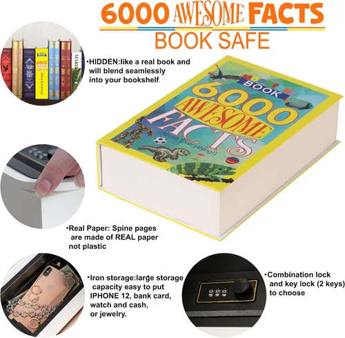 Miniatura 4 de Caja fuerte con libro de 6000 datos impresionantes con páginas reales, divertido libro de diversión con cerradura de combinación de 3 dígitos