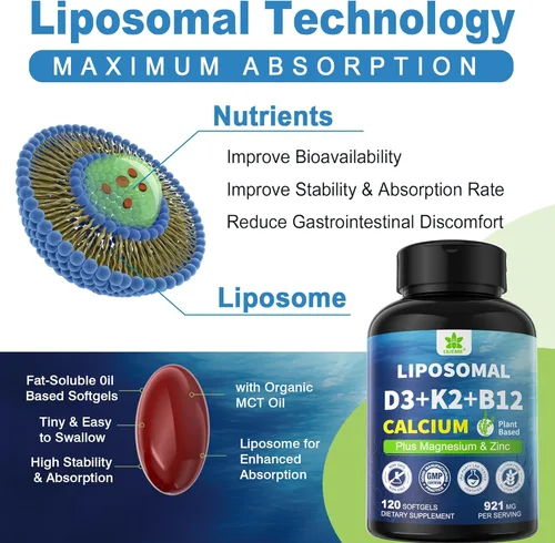 Miniatura 3 de Suplementos de Calcio a Base de Plantas 6-en-1 para Mujeres y Hombres - Calcio 600mg con D3 K2 5000 UI de Vitamina, Calcio Liposomal y de Algas