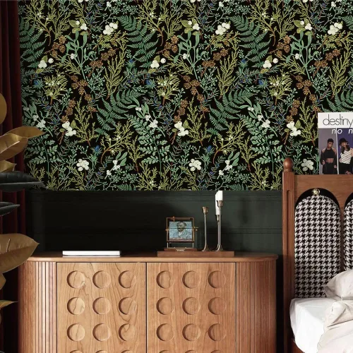 Miniatura 7 de Papel tapiz floral bohemio de 17.5 x 118 pulgadas, para despegar y pegar, papel de pared de hojas verde oscuro, papel de contacto autoadhesivo