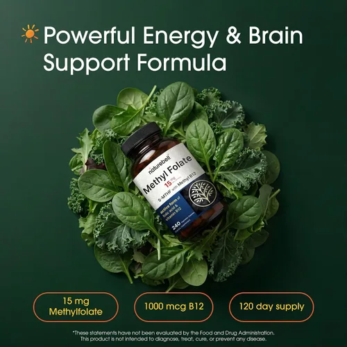 Miniatura 2 de NatureBell L Metilfolato 15 mg (5-MTHF) con metil B12 1000mcg, 180 cápsulas vegetarianas Acción dual de alta potencia para apoyo energético