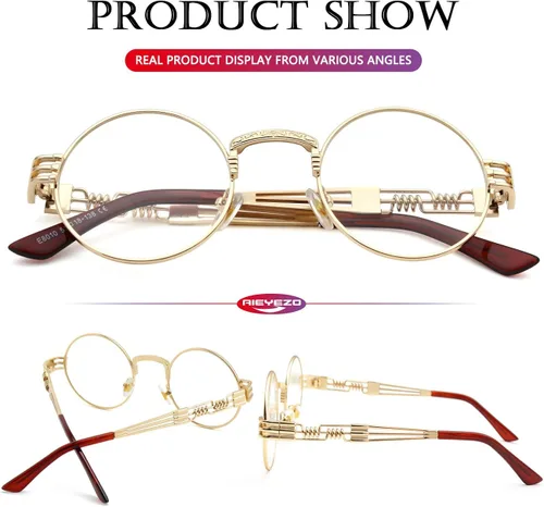 Miniatura 6 de AIEYEZO Gafas de sol redondas steampunk Circle Lennon Hippie, marco de metal, lente de bloqueo UV 100%