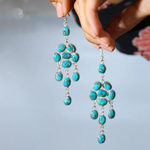 Miniatura 5 de YoTreasure Pendientes colgantes de plata de ley 925 con piedra lunar azul cobre turquesa