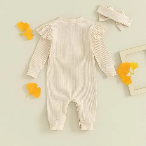 Miniatura 3 de Mameluco de manga larga para bebé recién nacido, mameluco de punto acanalado, traje de diadema