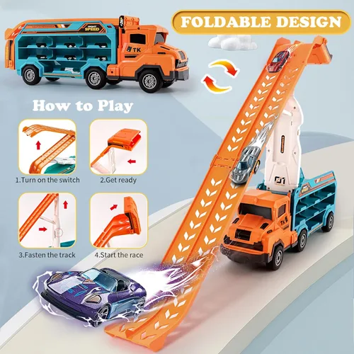 Miniatura 7 de Juguetes de camión para niños pequeños, camión transportador de automóvil de juguete para niños de 3 a 5 4 a 8 años, juegos de pista de autos Naranja