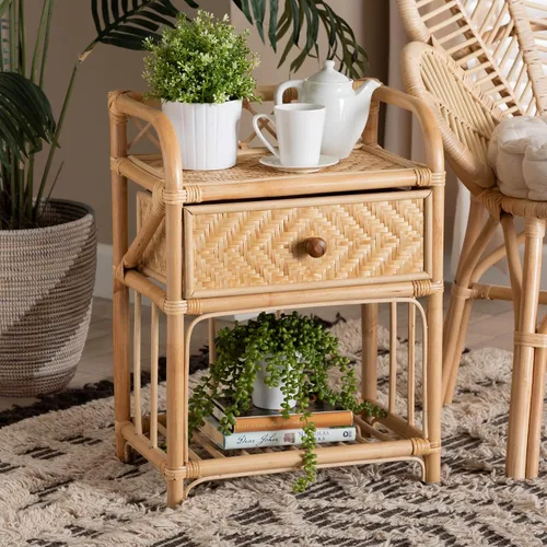 Miniatura 2 de bali & pari Kobie - Mesita de noche moderna de ratán natural bohemio con 1 cajón