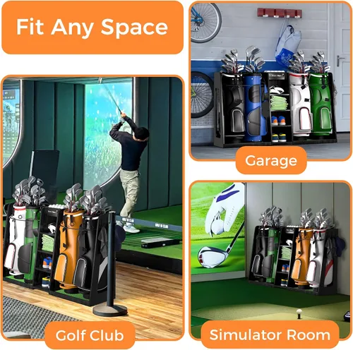 Miniatura 7 de SuniBoxi Organizador de golf para garaje, estante de almacenamiento de madera XL para 4 bolsas, clubes, pelotas y equipos, soporte para bolsas