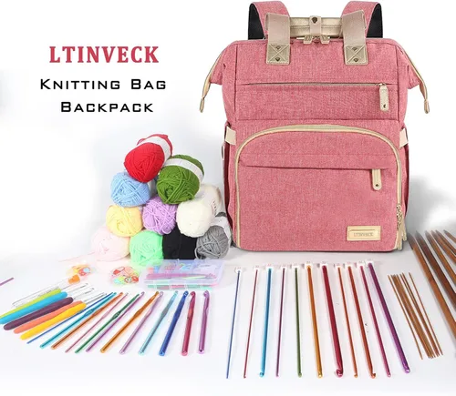Miniatura 2 de Mochila de Ganchillo, Mochila Bolsa de Tejer Organizador de Almacenamiento de Hilo Bolsa de Ganchillo de Viaje con Puerto de Carga USB, Bolsa Tote