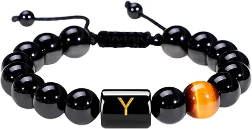 Miniatura 123 de SUMMER LOVE Regalos para el Día del Padre, pulsera con inicial de piedra de ónix negro de 0.394 pulgadas para hombres, pulsera de cuerda trenzada