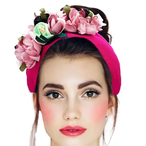 Diademas anchas bohemias con flores rosas, antideslizantes, hechas a mano, para mujer, para el cabello, festivales, bailes, fiestas (rosa)