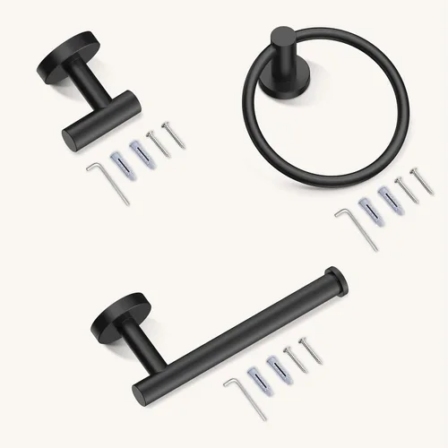 Miniatura 8 de FORIOUS 4 accesorios de baño, soporte para papel higiénico de acero inoxidable SUS304, anillo para toalla y 2 ganchos para toallas, juego de Negro