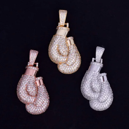 Miniatura 4 de KMASAL Punk Iced Out Guantes de boxeo Cadena Colgante Collar Hip Hop Joyería Chapado en Oro de 18 K Collar de Circonita Cubica, para hombres
