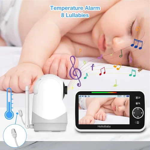 Miniatura 6 de HelloBaby Monitor con cámara y audio, pantalla de 5'' con transmisión de video de 16 horas, cámara remota con panorámica-inclinación-zoom