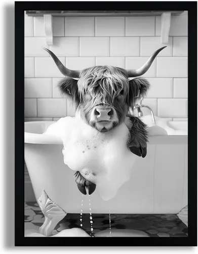 Miniatura 26 de SYWENNOI Arte de Pared en Lienzo Enmarcado en Blanco y Negro para Baño, Divertido Gato Negro Sentado en el Inodoro Leyendo Periódico Decoración