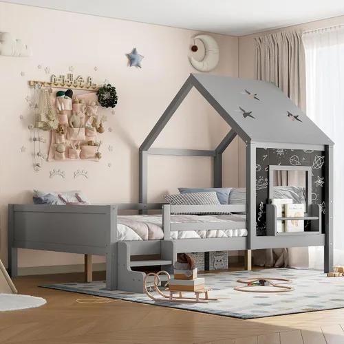 Miniatura 3 de Marco de cama de tamaño matrimonial para niños con escaleras, bonito techo y ventana en forma de estrella para niños y niñas, cama de plataforma