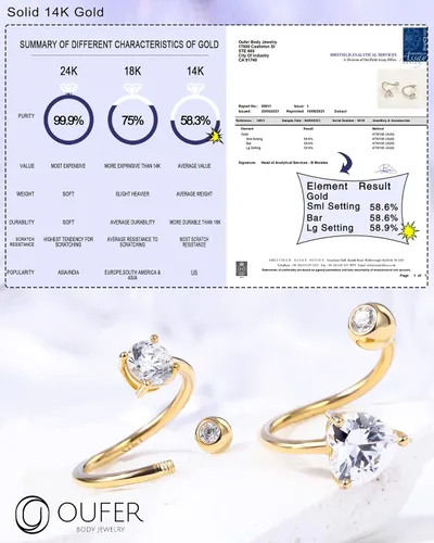 Miniatura 6 de OUFER Aretes de hélice torcida de 16G, anillo de labios de circonita cúbica transparente en forma de corazón de oro sólido de 14 quilates, joyería