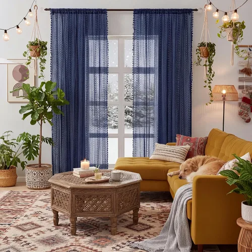 Miniatura 14 de WAZZIO Cortinas de Encaje, Cortina Boho de Crochet para Dormitorio, Cortinas de Café de Algodón, 45 Pulgadas de Largo, 2 Paneles con Bolsillo