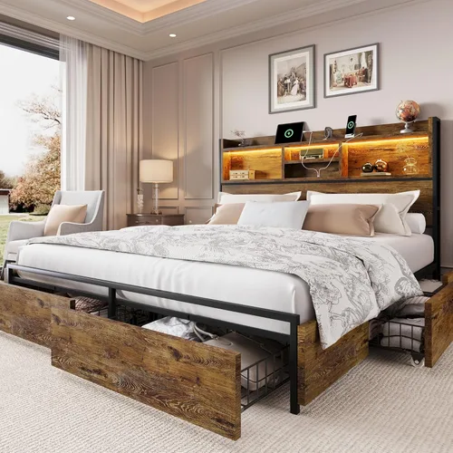 LARMACE Base de cama tamaño Queen con 6 cajones de almacenamiento y cabecero, plataforma de madera con luces LED y estación de carga, fácil montaje,