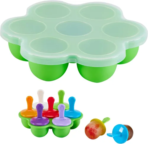 Moldes de silicona para paletas, moldes para paletas de hielo de 7 cavidades, contenedor de almacenamiento de alimentos para bebés con tapa, Verde