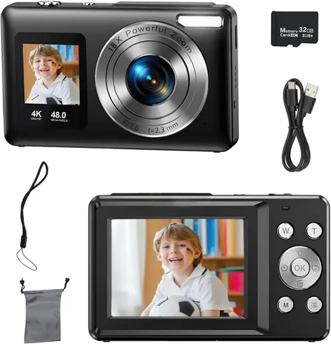 Cámara digital 4K de 48MP para adolescentes con enfoque automático y pantalla dual para selfies – Zoom 18X, luz de relleno incorporada, cámara