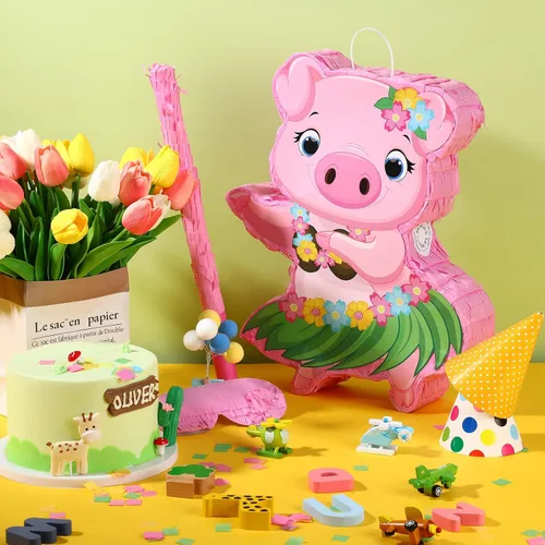 Miniatura 4 de Threan Piñata de cerdo pequeño, Aloha Luau, decoraciones de fiesta, piñata de cerdo rosa con palo para los ojos vendados, suministros de fiesta