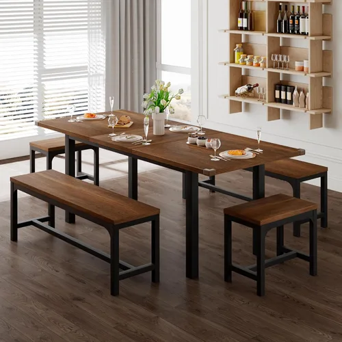 Miniatura 9 de Feonase Juego de mesa de comedor de 5 piezas para 4-8 personas, juego de mesa de cocina grande extensible de 63 pulgadas con 2 bancos y 2 taburetes