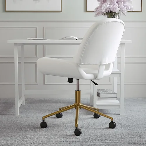 Miniatura 7 de Martha Stewart Tyla Silla giratoria sin brazos para oficina en casa en piel sintética blanca con marco de latón pulido Piel sintética blanca/latón