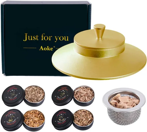 AOKE - Kit de ahumador de whisky metálico dorado con chips de madera de 4 sabores para whisky y bourbon, kit de ahumador antiguo para mejorar los