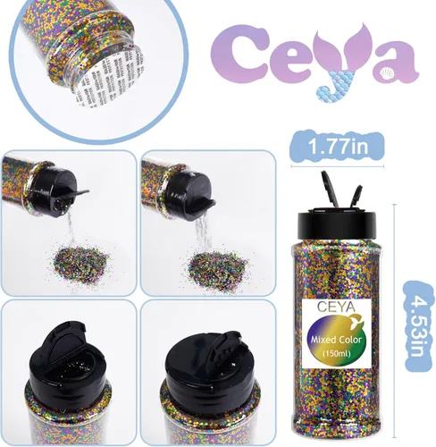 Miniatura 4 de Ceya Brillantina Mardi Gras, 6 colores, 4.23 onzas cada frasco de 1/24 pulgadas, para manualidades, para máscaras, sombreros, vasos de globo
