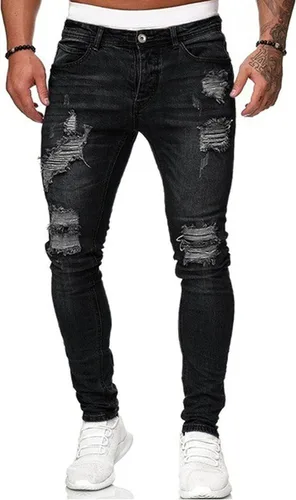HUNGSON Pantalones de mezclilla ajustados para hombre, elásticos, rasgados, rasgados, con rayas laterales