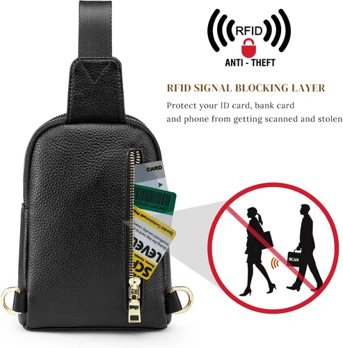 Miniatura 3 de S-ZONE Bolso bandolera para mujer, cangureras de cuero genuino con bloqueo RFID, bolsas cruzadas en el pecho, regalos para mujeres y hombres, Negro