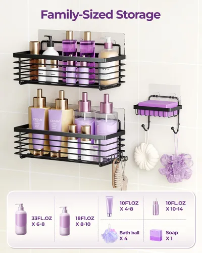 Miniatura 5 de ODesign Organizador de ducha de acero inoxidable SUS304, 3 unidades, sin taladrar, estante de baño, montado en la pared, organizador adhesivo