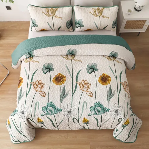 Miniatura 3 de WONGS BEDDING - Juego de edredón floral tamaño Queen, edredón botánico verde y amarillo con 2 fundas de almohada, juego de ropa de cama ligera