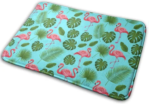 Alfombra de cocina de poliéster antideslizante verde con hojas de plátano y palmeras tropicales, bonito pájaro exótico, flamenco rosa, tapete para