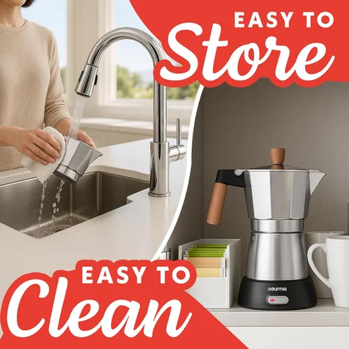 Miniatura 7 de Gourmia Cafetera eléctrica Moka Pot Espresso – Cafetera de estilo italiano de 6 disparos, base inalámbrica desmontable de 360 ° de 550 W, aluminio