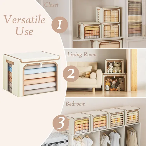 Miniatura 5 de Yecaye Cajas de Almacenamiento de Ropa con Marco de Metal, Caja de Almacenamiento de Ropa Plegable con Tapa, Caja Organizadora Apilable de Tela