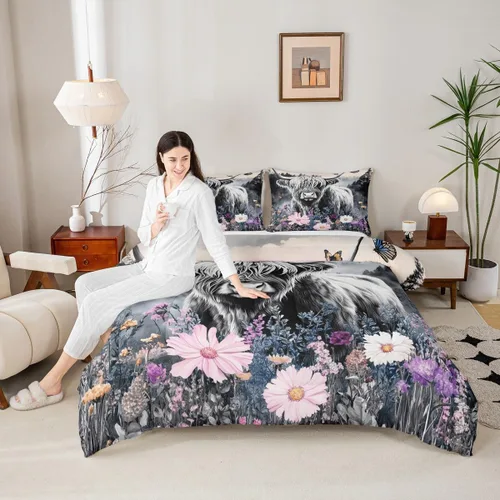 Miniatura 2 de Erosebridal - Juego de funda de edredón con flores de vaca de las Highlands, tamaño Queen, diseño de ganado vacuno, montañas con humo, decoración