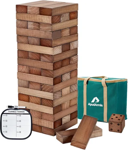 Miniatura 12 de ApudArmis Torre Gigante Tumble (Se apila desde 2 pies hasta más de 4.2 pies), 54 PIEZAS Juego de Madera de Pino Apilable Timber con 1 Juego de Dados