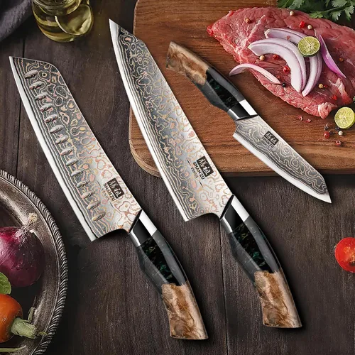 Miniatura 6 de Juego de cuchillos de cocina de Damasco SHAN ZU, cuchillos de cocina japoneses de cobre y acero de Damasco, cuchillo utilitario forjado a mano