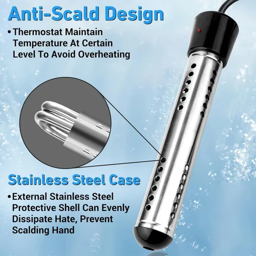 Miniatura 3 de Calentador de Agua de Inmersión Eléctrico, Calentador de Agua Caliente Portátil de 2000W con Protector de Acero Inoxidable 304 y Termómetro LCD
