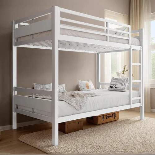 Miniatura 14 de Litera de camas individuales con superposición, literas de metal resistentes con barandilla de longitud completa, cama de acero que ahorra espacio