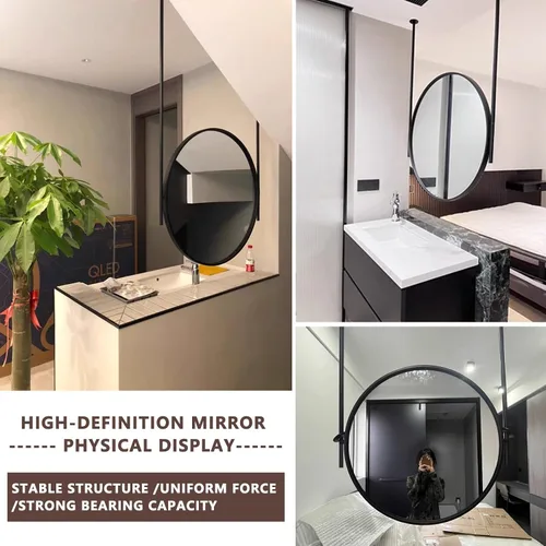 Miniatura 5 de Espejo redondo montado en el techo para baño, espejo de pared, espejo de barra colgante de techo, espejo de marco de metal negro, espejo decorativo