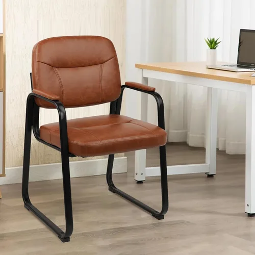Miniatura 9 de CLATINA Sillas de recepción de espera sin ruedas, silla de invitados de cuero con brazos acolchados, modernas sillas de escritorio de oficina marrón