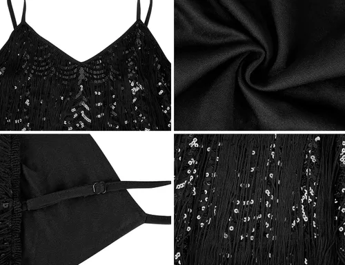 Miniatura 6 de kayamiya Vestido largo con flecos para mujer, con cuello en V, tirantes delgados, lentejuelas, vestido de fiesta de los años 20, disfraces de Gran