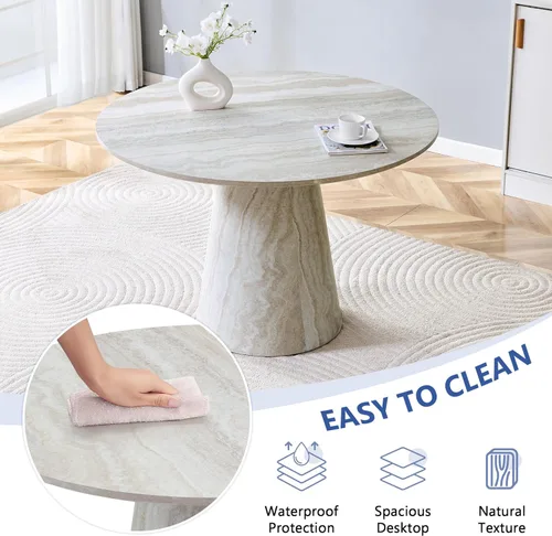 Miniatura 4 de Mesa de comedor redonda de 45 pulgadas, moderna mesa de madera de imitación de mármol, mesa gruesa y espaciosa con base de pedestal, fácil